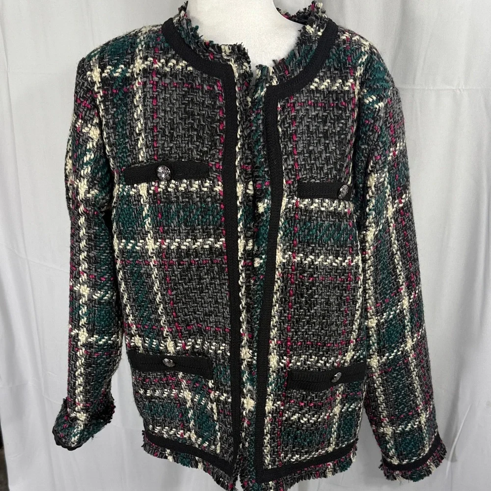 ANTHROPOLOGIE PLAID TWEED BLAZER JACKET L - Picture 3 of 11